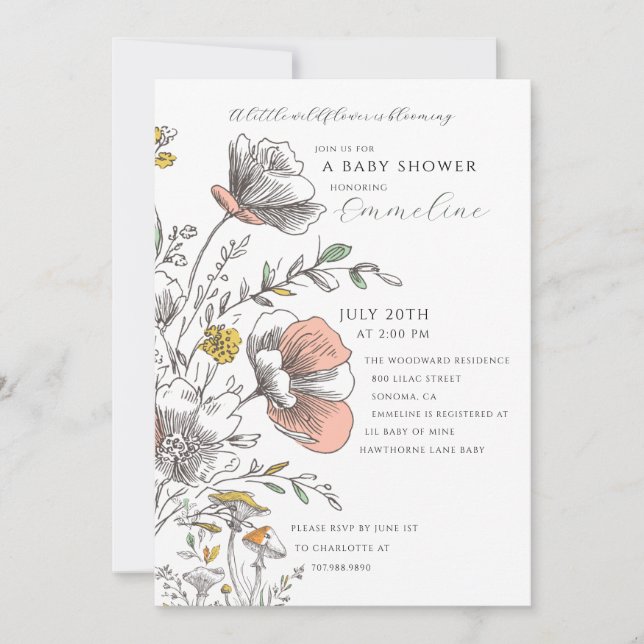 En liten vildblomma blommar Baby Shower  Inbjudningar (Framsida)