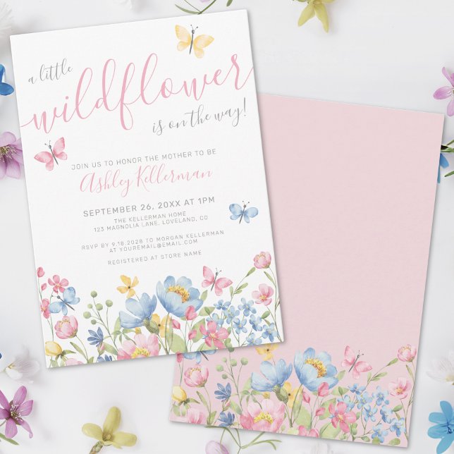 En liten vildblomma Flickans babyfirande Inbjudningar (A Little Wildflower Girl Baby Shower Invitation)