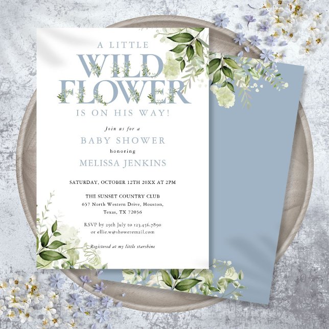 En liten vildblomma grönska blå pojke baby shower inbjudningar (A Little Wildflower Greenery Blue Boy Baby Shower Invitation)
