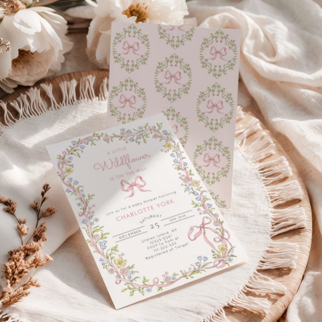 En liten vildblomma rosa båge ram Baby Shower Inbjudningar (Skapare uppladdad)