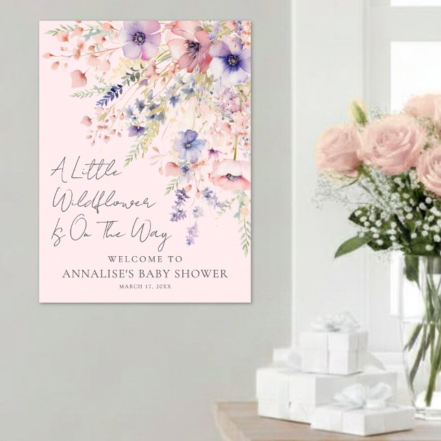 En liten vildblomma rosafärgad bebishower skylt (A Little Wildflower Blush Pink Baby Shower Sign)
