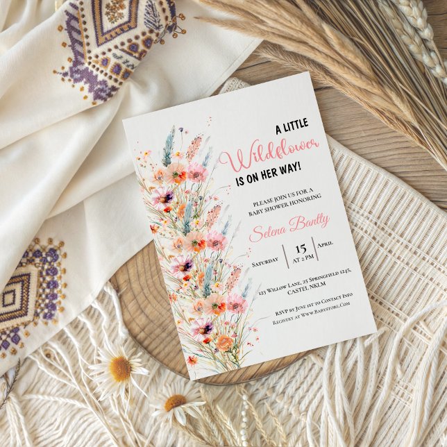 En liten vildblomsterflicka Rosa bebisfest Inbjudningar (wildflower baby shower invitations a little wildflower watercolor floral elegant botanical nature )