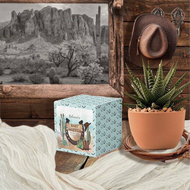 En liten Western pojke, babystövel Presentaskar (Rustic Western Boy Baby Shower Square Favor Box -- "A Little Cowboy Is On His Way" Collection)