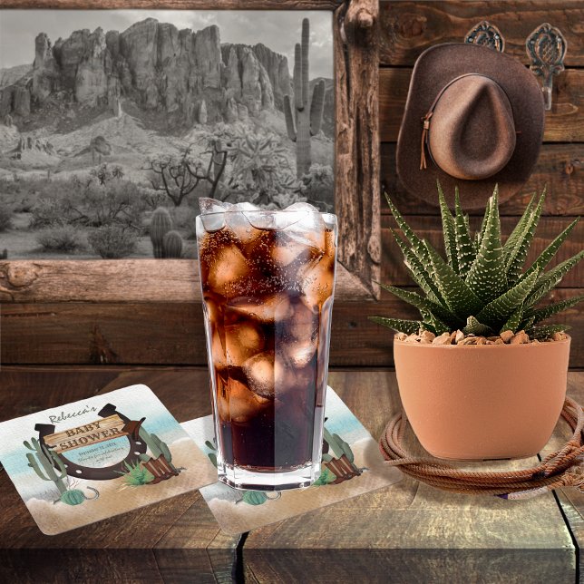 En liten Western pojke, babystövel Underlägg Papper Kvadrat (A Little Cowboy Rustic Western Horseshoe Boy Baby Shower Coasters)