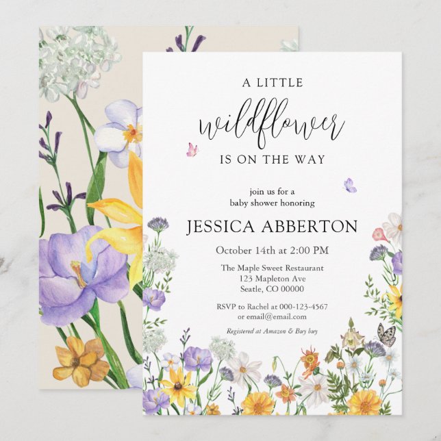 En liten Wildblomblå Rosa Neutralt Baby Shower Inbjudningar (Fram/baksida)