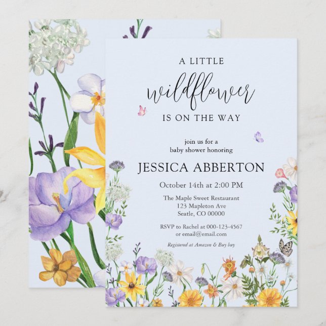 En liten Wildblomblå Rosa Neutralt Baby Shower Inbjudningar (Fram/baksida)