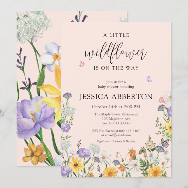 En liten Wildblomblå Rosa Neutralt Baby Shower Inbjudningar (Fram/baksida)