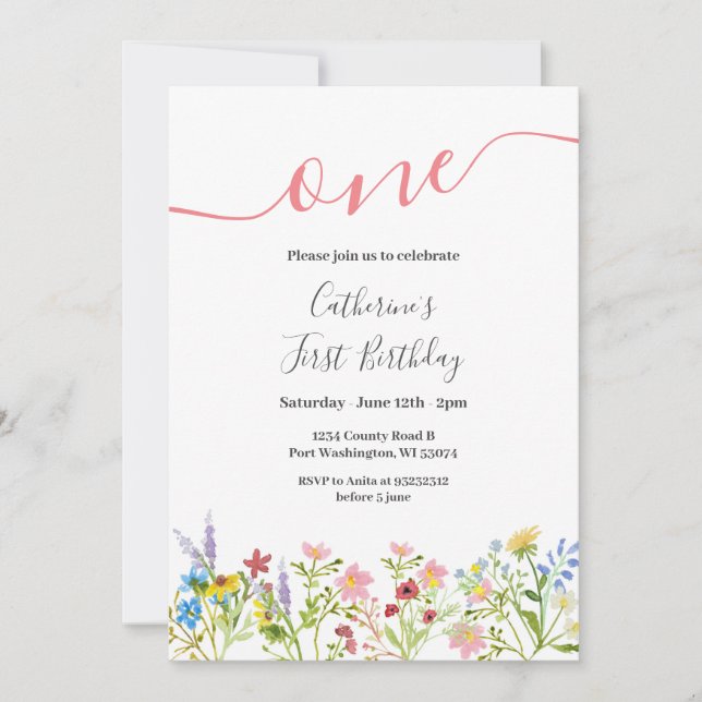 En liten Wildblomma 1:a födelsedagsinbjudan Inbjudningar (Framsida)