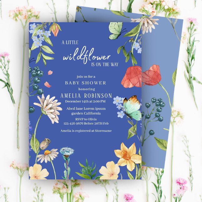 En liten Wildblomma Baby Shower Blue Inbjudningar (Skapare uppladdad)