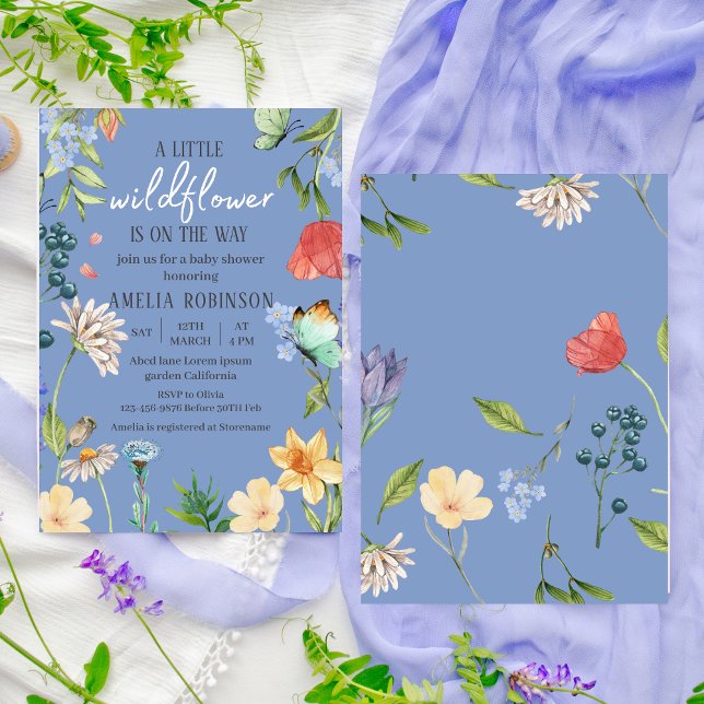 En liten Wildblomma Baby Shower Blue Inbjudningar (Skapare uppladdad)