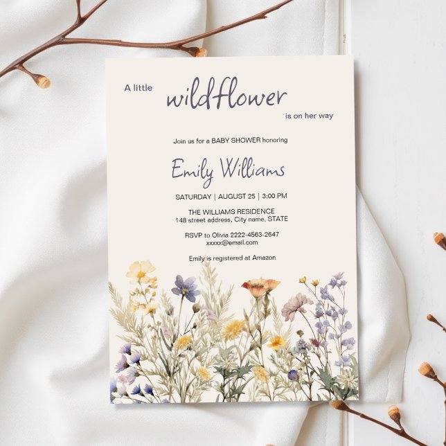 En liten Wildblomma Baby Shower Boho Blommigt Inbjudningar (A Little Wildflower Girl Baby Shower Invitation – Boho Floral Pink & Beige Design)
