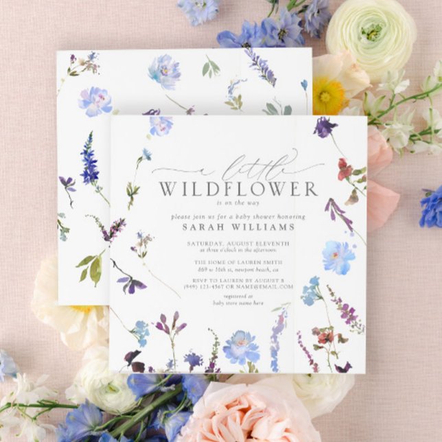En liten Wildblomma Blue Blommigt, sommarbabyskor Inbjudningar (Baby Shower Invitation)