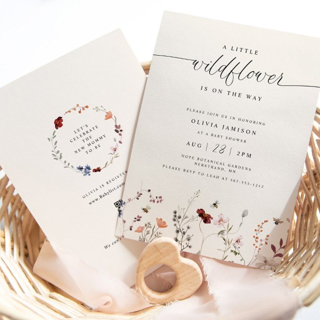 En liten Wildblomma Boho Baby Shower Bee Inbjudningar (Boho A Little Wildflower is on the Way Baby Shower Inivtation with Bees - QR Code Registry on Back)