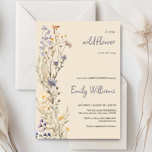 En liten Wildblomma Boho rustic Baby Shower inbjud Inbjudningar (A little wildflower elegant rustic boho watercolor baby shower invitation, baby in bloom)