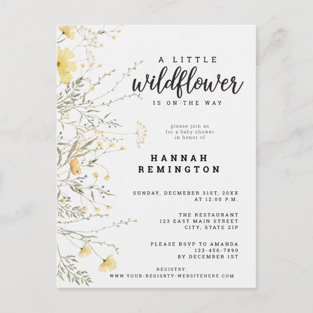 En liten Wildblomma Gult Vattenfärgsbabyskor Vykort (Framsida)
