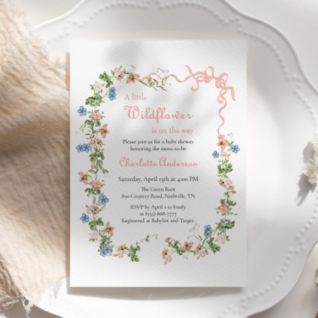 En liten Wildblomma Rosa Bow Flicka Baby Shower Inbjudningar (Skapare uppladdad)
