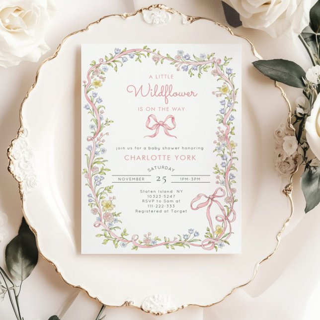 En liten Wildblomma rosa Bow ram Baby Shower Inbjudningar (Skapare uppladdad)
