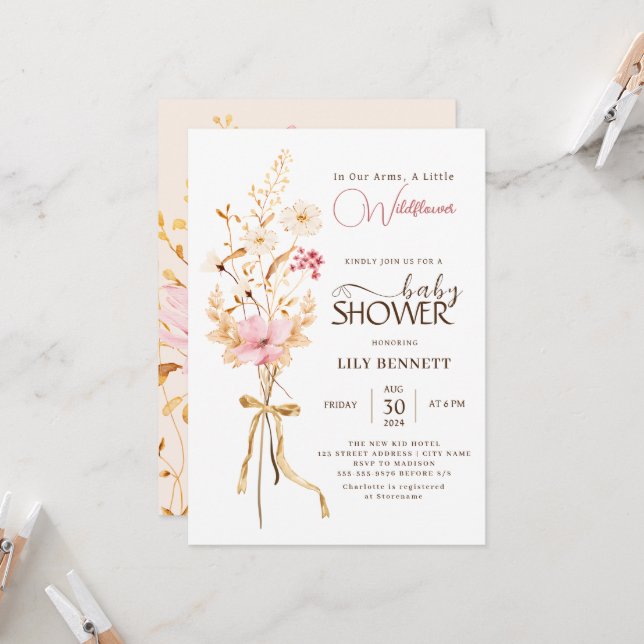 En liten Wildblomma Rustic Boho Nature Baby Shower Inbjudningar (Fram/Back In Situ)