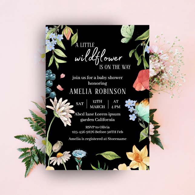 En liten Wildblommflicka Baby Shower Black Inbjudningar (Skapare uppladdad)