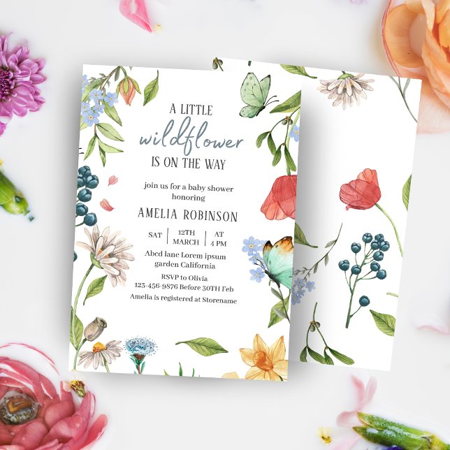 En liten Wildblommflicka Baby Shower White Inbjudningar (Skapare uppladdad)