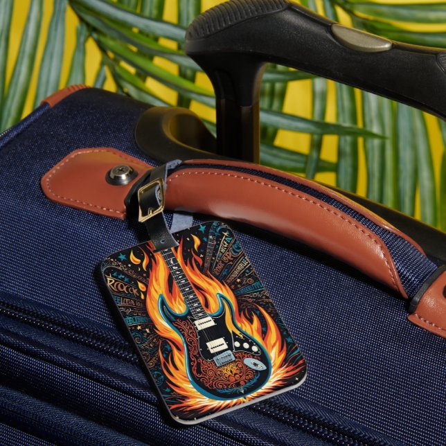 En livfull gitarr på eld i en passionerad visning bagagebricka (Framsida Insitu 1)