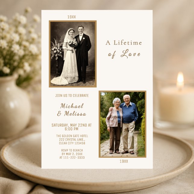 En Livstid av Kärleksinbjudan Inbjudningar (Elegant ivory and gold anniversary invitation celebrating a lifetime of love and memories)