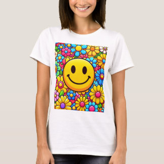 En ljus glad leende ansikts- och blommig tryckt t- t shirt