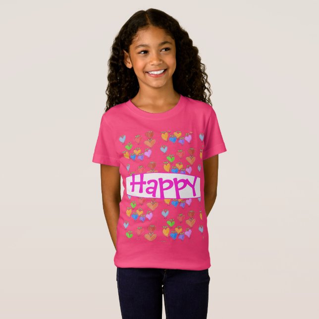 En ljus Rosa Lycklig Heart T-shirt (Hel framsida)