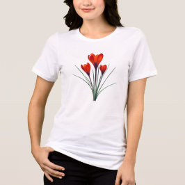 En ljusröd tulpan på en kvinna i svart kortärmad t shirt