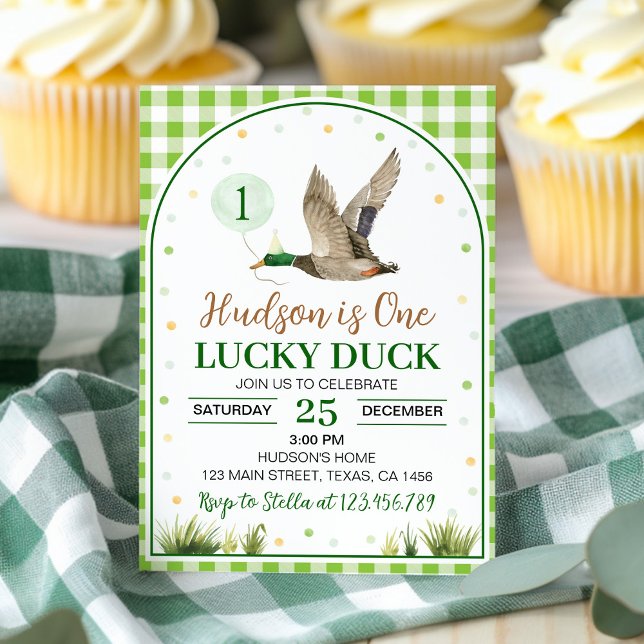 En Lucky Anka Grönt Gingham Birthday-inbjudan Inbjudningar (Skapare uppladdad)