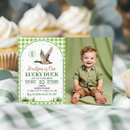 En Lucky Anka Grönt Gingham Birthday Photo Inbjudningar