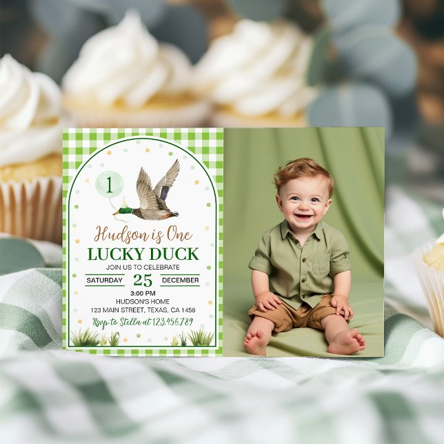 En Lucky Anka Grönt Gingham Birthday Photo Inbjudningar (Skapare uppladdad)