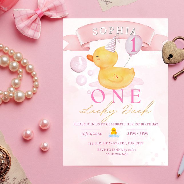 En Lucky Anka Rosa Girl Girl Rubber Anka 1:a födel Inbjudningar (One Lucky Duck Pink Rubber Duck 1st Birthday Invitation)