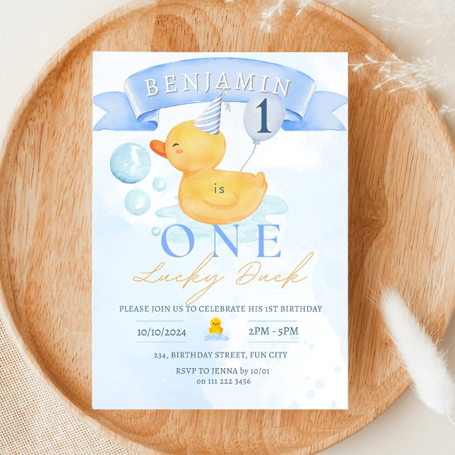 En Lucky Anka Rubber Anka 1:a födelsedag Inbjudningar (One Lucky Duck Rubber Duck 1st First Birthday Invitation)