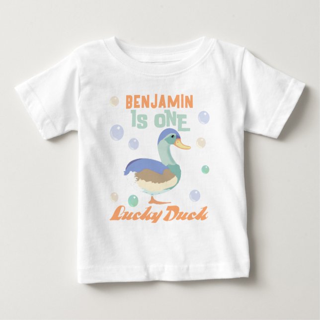 En Lucky Duck & Bubblar Första Födelsedagen Pastel T Shirt (Framsida)