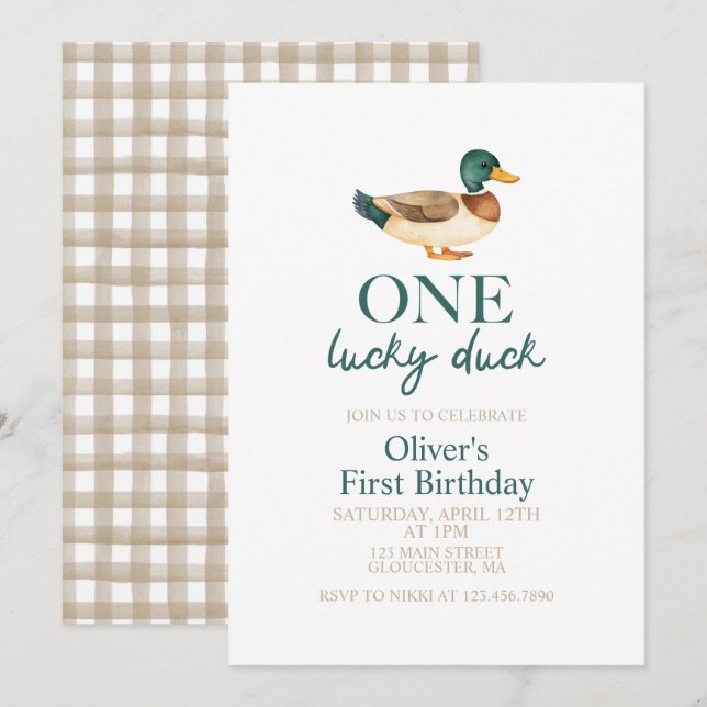 En Lucky Duck ettårsdag Inbjudningar (Fram/baksida)
