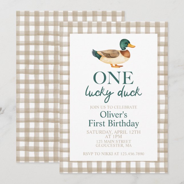 En Lucky Duck ettårsdag Inbjudningar (Fram/baksida)