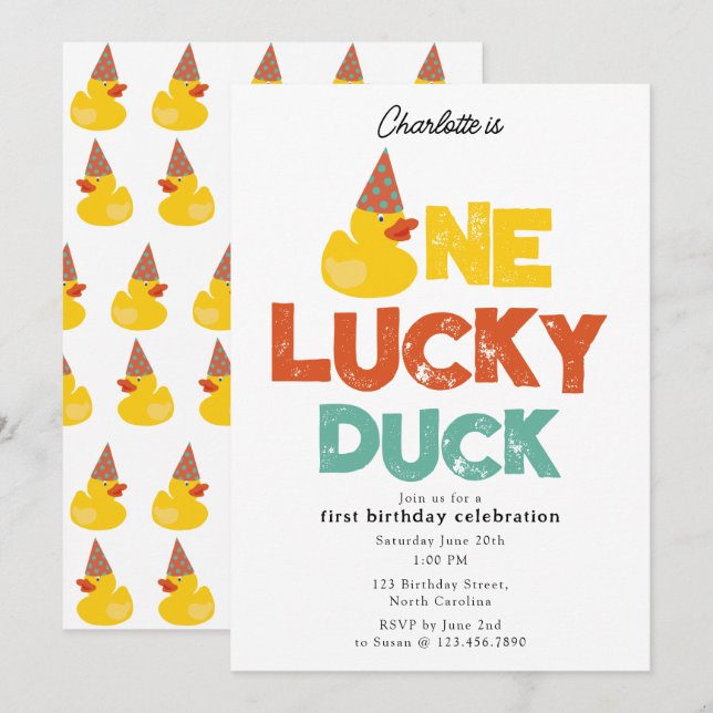 En Lucky Duck Inbjudan 1:a Första födelsedag Söt (Fram/baksida)