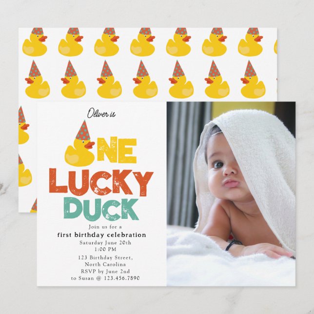 En Lucky Duck Inbjudan 1:a Första födelsedagsfoto (Fram/baksida)