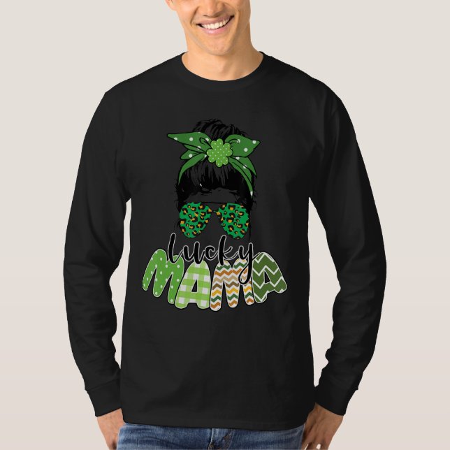 En Lucky Mamma St Patrick S Day Leopard Messy Bun T Shirt (Framsida)