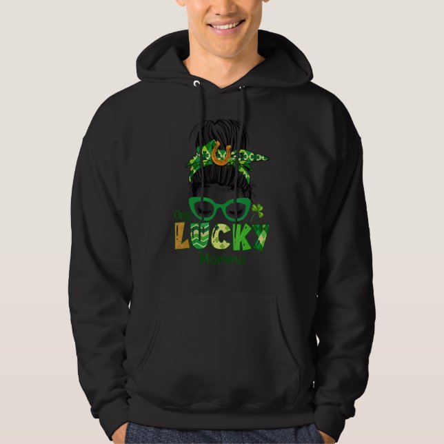 En Lucky Momma Messy Bun Leopard St patrick's day Hoodie (Framsida)