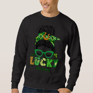 En Lucky Momma Messy Bun Leopard St patrick's day Lång Ärmad Tröja