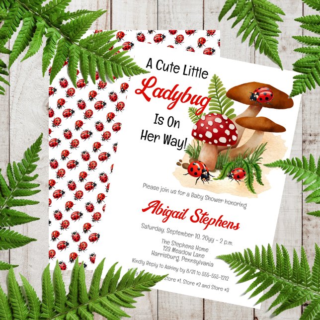 En luddig liten Ladybug är på väg att bli en babys Inbjudningar ("A Cute Little Ladybug Is On Her Way!" Sweet Girl Ladybugs and Mushrooms Baby Shower Invitation)