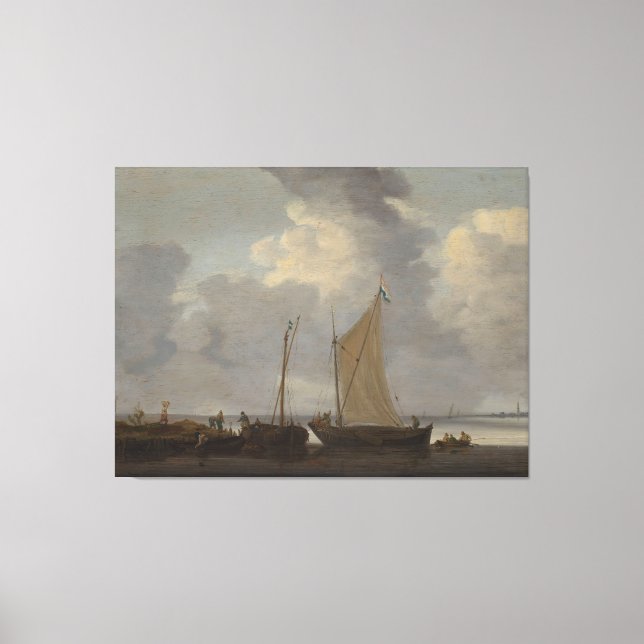 En lugn med fiskare som lossar sin fångst canvastryck (Framsida)