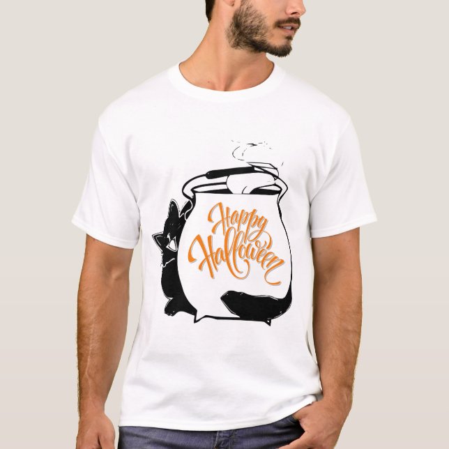 En lustig Cat Behind Cauldron, Happy halloween T Shirt (Framsida)