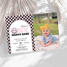 En Lycklig Babe Girls Rosa Photo Birthday Inbjudningar