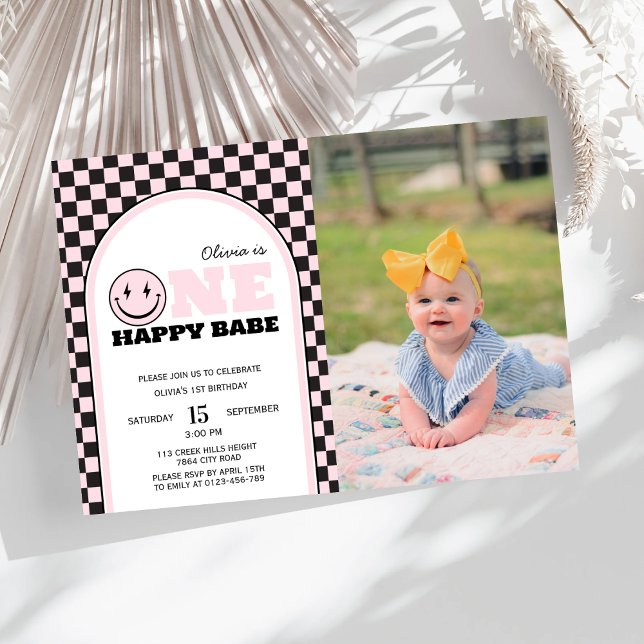 En Lycklig Babe Girls Rosa Photo Birthday Inbjudningar (Skapare uppladdad)