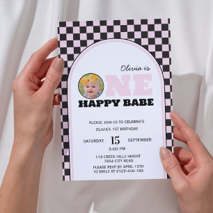 En Lycklig Babe Girls Rosa Photo Birthday Inbjudningar