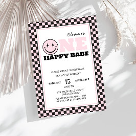 En Lycklig Babe Retro Girl First Birthday Inbjudningar
