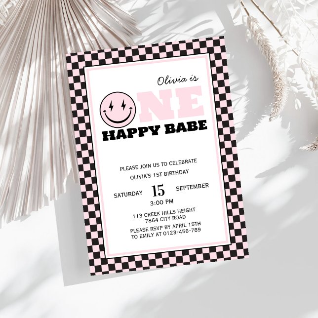 En Lycklig Babe Retro Girl First Birthday Inbjudningar (Skapare uppladdad)